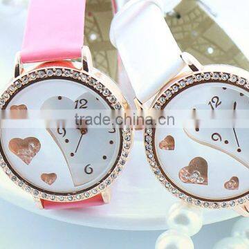 Hot Leather Band Crystal Dail Heart-shaped Hollow Quartz Wrist watch for Lady, gift watches, women watches