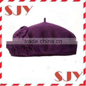 French Women's Wool Beret Hat With Self Flowers photo-3