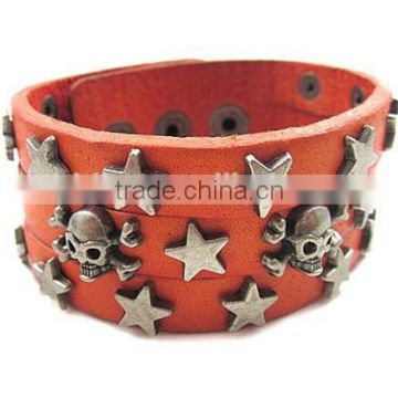 Handmade Wide Leather Skulls & Stars Wrap Bracelet