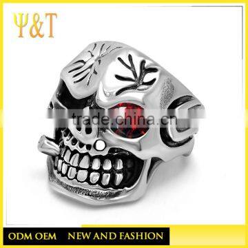 Jingli Jewelry red zircon stainless steel mens devil skull rings, stainless steel punk pink eyes smoke skull rings (HS-068)