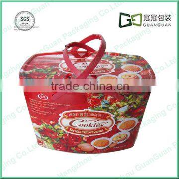 newly hot sale large round cookie tin box / cookie round box with handle