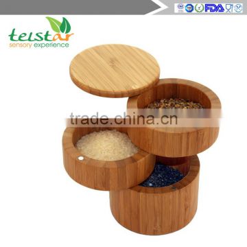 Bamboo 3-Tiered Seasoning Spice Salt Storage Box With Removable Rotating Magnetic Lid