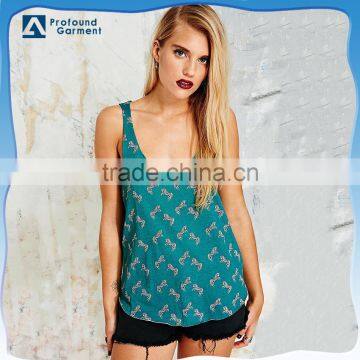 Custom raw edges rounded hem scoop neckline all over print zebra graphic stringer tank top for women