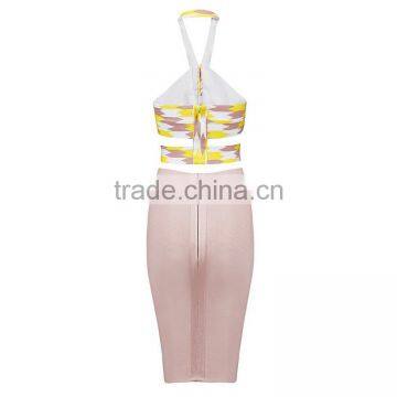Halter Patchwork 2 Piece Set Knee Length Jacquard High Quality Rayon 2015 New Fashion Bodycon HL Night Wear Slim Bandage Dress photo-4