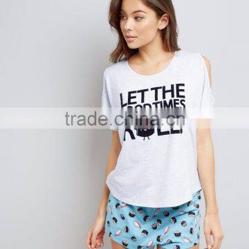 Grey Let The Good Times Roll Custom Logo Women Pyjama Set Cold Shoulder Design T Shirt With Shorts Nightwear photo-5
