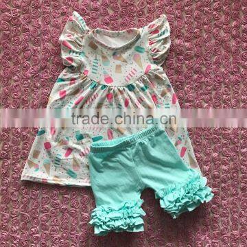 New arrival summer baby girls outfits Ice cream print flutter sleeve dress matching icing shorts set