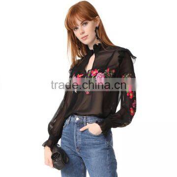 2017 OEM Peony Embroidered Silk-chiffon Button Keyhole Ruffle Blouse photo-6