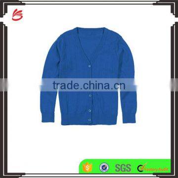 Latest! High Quality Bright Blue Button Through V-Neck Girls Long Sweater with Ribbed Trim