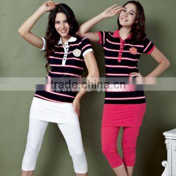 New 2014 women polo collar yarn dyed striped pajamas for women