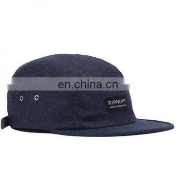 New fashionable navy blue woolen 5 panel hat with woven label