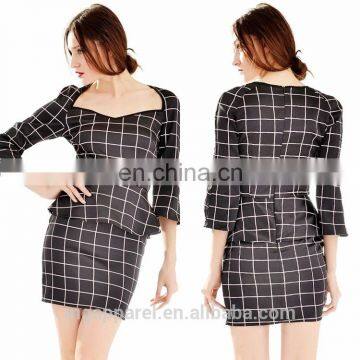 2015 new product elegant fancy windowpane plaid print women peplum dress long sleeve wholesale