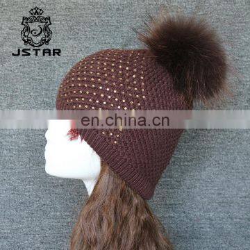 Winter beanie hat Rabbit fur wool knitted hat of the mink pom pom Shining Rhinestone hats the female for women