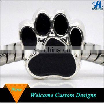 Custom Charm Beads Silver Tone Black Enamel Dog Paw Beads