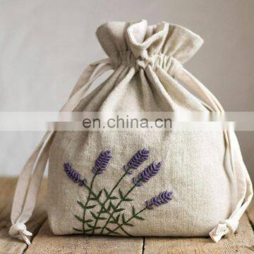 Natural embroidered drawstring linen lavender sachet bag