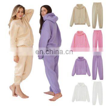 Women Causal Plain Loose 2 Pieces Drawstring Jogger Sweatpants Crop Thick Fleece Hoodie Two Piece Set photo-2