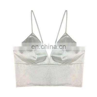 Sexy Satin Crop Tops Women Wireless Bralette Crochet Top Female Spaghetti Strap T-shirt Cropped With Chest Padded Camisole