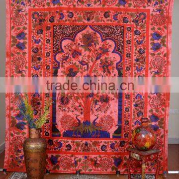 Indian Tapestry Cotton Temple Tree Print Radish Color Vintage Wall Hanging Tapestries Throw Mandala Bedsheet