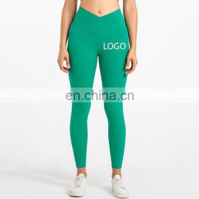 Ready To Ship Custom Logo 20 Neon Colors Yoga Leggings Cross Waistband High Waist Women Gym Sports Wear Yoga Tights Workout Wear photo-3