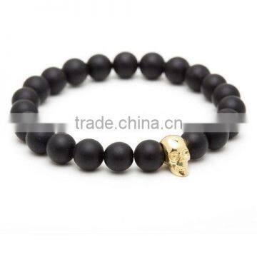 7.5 inch Charm Bead Bracelet Yellow Gold Plated Skull & Matt Onyx Bead Bracelet