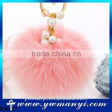 Pearl Fur Keychain Genuine Rabbit Fur Ball Pearl Pendant Key Chain KeyRing Fur Keychain K0117