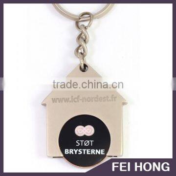 Open design custom house shape coin keychain with laser text