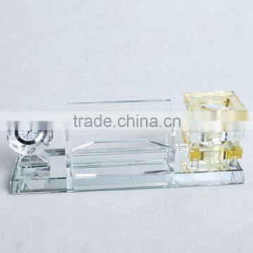 Wholesale crystal name card holder, business card holder with pen holder and small diamond clock for office decoration