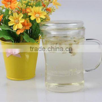 China specialize clear glass drinking cup producer OEM tea glass cup with handle with infuser for wholeale