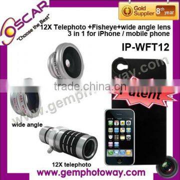 3 in 1 Lens Kits fisheye wide angle 12X telephoto camera accessory