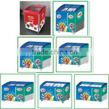 Best seller 151L to 515LSliding Door Curved Glass Chest Showcase
