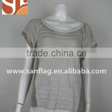 Ladies' Scoop Neck Short Sleeve Pullover Overall Inside Print Knitted Sweater