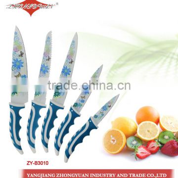 5 pcs set of non-stick coated/colorful flower printing kitchen knives