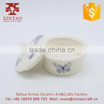 Antique Butterfly Design Porcelain Ceramic Treasure Jewelry Box Round photo-2