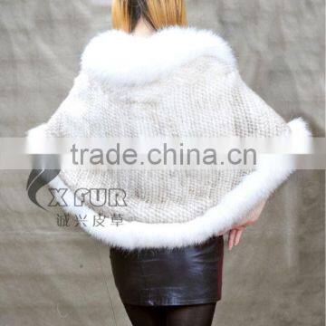 CX-B-M-99A In-stock Item Wholesale Knitted Genuine Fox Fur Trim Mink Fur Shawl Coat photo-5