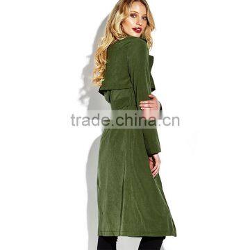 Army Green Open Front Self Belted Below Knee Lady's Winter Trench Coat photo-2