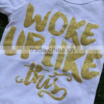 Baby Girls Boutique Clothing Infant Girl Kids Clothes White Gold Bus Romper With Matching Headband and Legwarmer Set photo-2