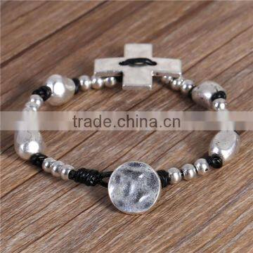 Wax Rope Hand Made Beaded Bracelets Antique Silver Black Cross Round 21cm long