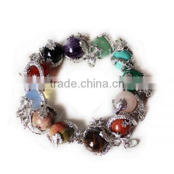 Silver Wrapped Dragon Round Gemstone Beads Chakra Reiki Rock Crystal Pendant For Necklace