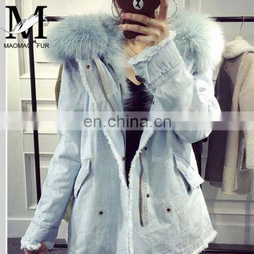 Custom High Fashion Lady Autumn and Winter Cheap Genuine Raccoon Fur Lining Women Jean Coat photo-3