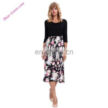 Fashion Black Floral Print Three Quarter Sleeve Bottom Patchwork Bodice Boho Dresses