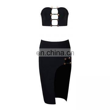 Amigo 2017 Women Black 2 Piece Bandage Bodycon Dress Celebrity Sexy Clubwear Split Cutout Long Dresses photo-3