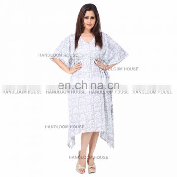 Boho Hippy African Floral Kaftan Dress Short length Women White Long Kaftan Tunic