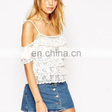 Customize Women's White Off Shoulder Ruffles Crochet Sexy Fashion Top