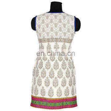 sleeveless white base printed kurtis o-shape neck latest design