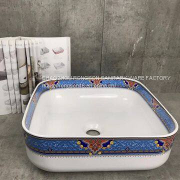 Modern design blue color ceramic new style colored bathroom square no hole wash hand basin