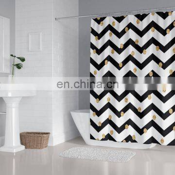 I@home Modern Bathroom Polyester Black and White Stripe Shower Curtain and Rug Set Print