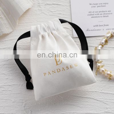 PandaSew Custom Logo Luxury Suede Drawstring Package Jewelry Bag with Black Ribbons Jewelry Pouch