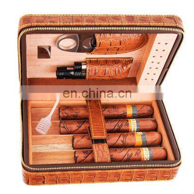 Croco Leather Cigar Travel Humidor Manufacturer Wholesale Solid Cigar Case Cedar Wooden Cigar Humidor