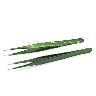 Pointed anti-static tweezers green stainless steel environment-friendly high-precision tweezers plus hard tweezers cute sticker green straight head