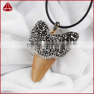 Rhinestone raw shark tooth with zircon paved pendant bead, animal tooth drop pendant jewelry