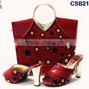 CSB2100 new coming hot sale yellow red set high heel casual slippers shoes matching bag set